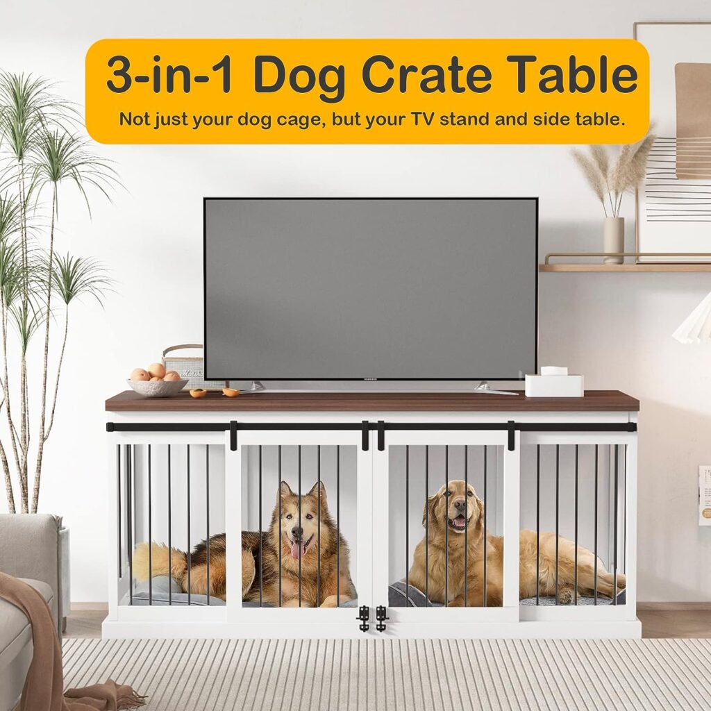 Dog Crate Furniture with Tray for 2 Dogs, Wooden Dog Crate Table, 71“ Large Dog Kennel Removable Divider and Sliding Door, Heavy Duty Dog Furniture Style Cage, Indoor Dog House