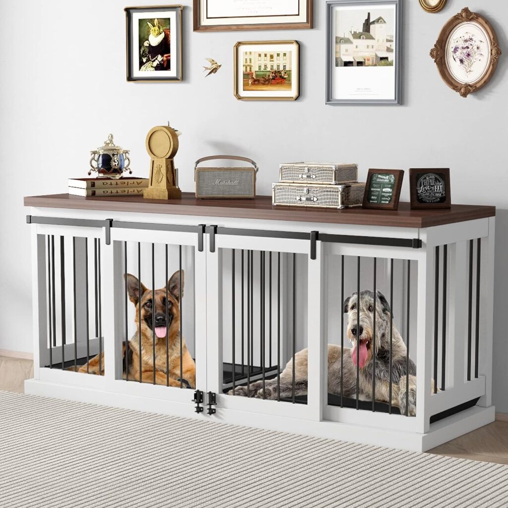 Dog Crate Furniture with Tray for 2 Dogs, Wooden Dog Crate Table, 71“ Large Dog Kennel Removable Divider and Sliding Door, Heavy Duty Dog Furniture Style Cage, Indoor Dog House
