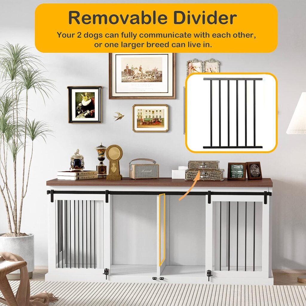 Dog Crate Furniture with Tray for 2 Dogs, Wooden Dog Crate Table, 71“ Large Dog Kennel Removable Divider and Sliding Door, Heavy Duty Dog Furniture Style Cage, Indoor Dog House