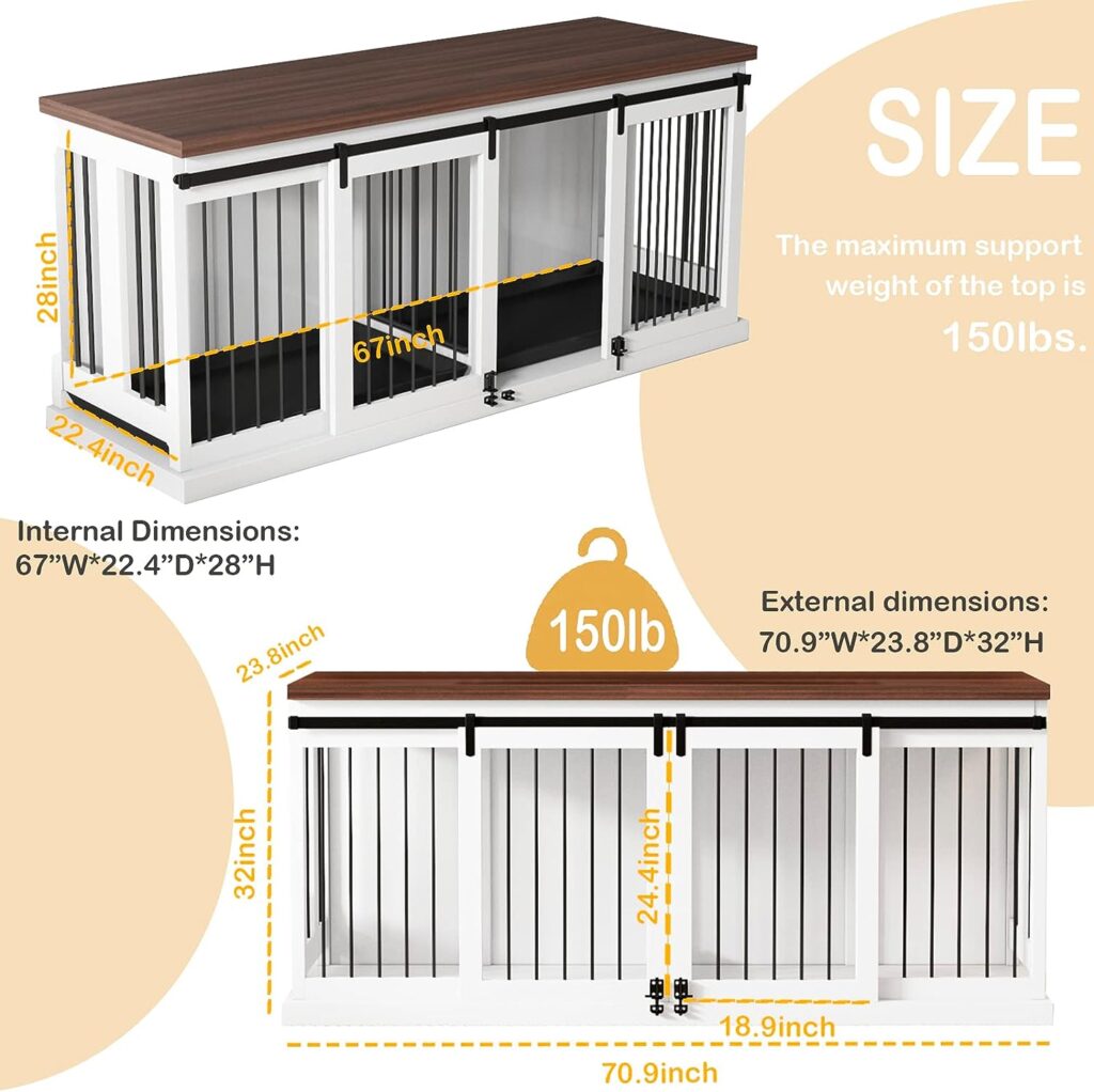 Dog Crate Furniture with Tray for 2 Dogs, Wooden Dog Crate Table, 71“ Large Dog Kennel Removable Divider and Sliding Door, Heavy Duty Dog Furniture Style Cage, Indoor Dog House
