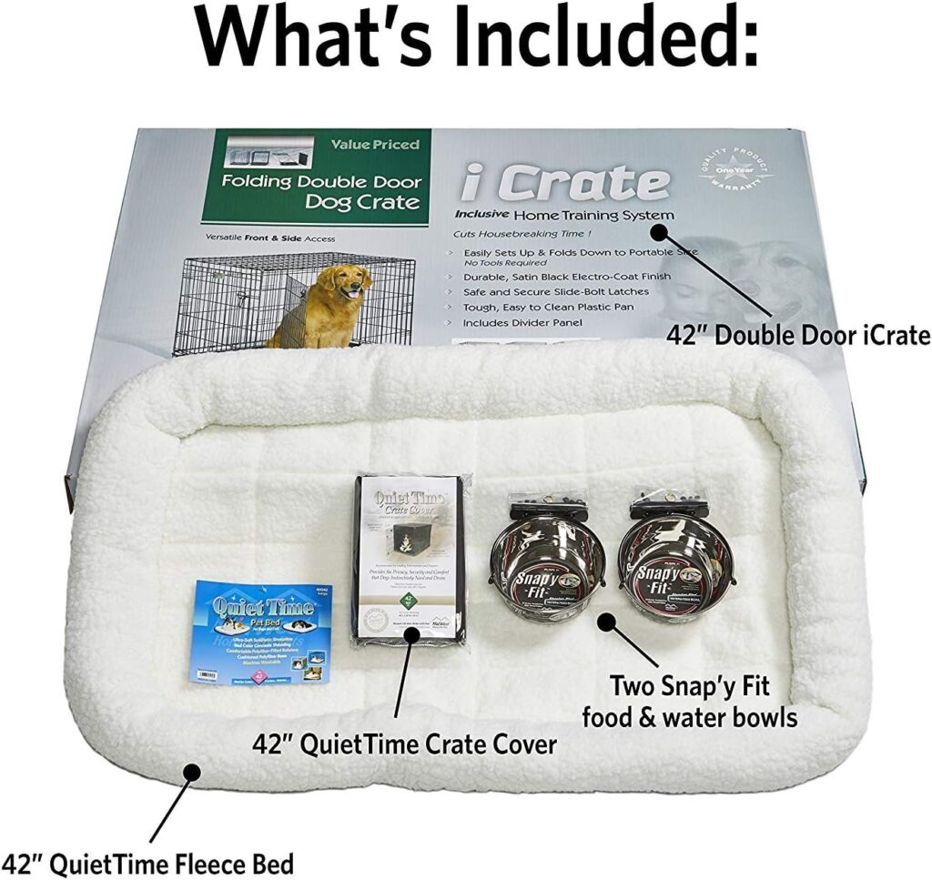 iCrate Dog Crate Starter Kit 42-Inch Ideal for Large Dog Breeds (weighing 71 - 90 Pounds) Includes Crate With Cover, Pet Bed, 2 Dog Bowls iCrate Dog Crate Starter Kit 42-Inch Ideal for Large Dog Breeds (weighing 71 - 90 Pounds) Includes Crate With Cover, Pet Bed, 2 Dog Bowls