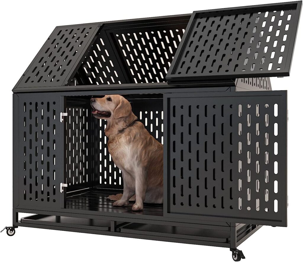Snimoy Heavy Duty Dog Crate Dog Cage, 45 Indestructible Metal Dog Kennel Lockable for Medium Large Dogs with Sturdy Door Lock and Removable Trays, Roof Top Access