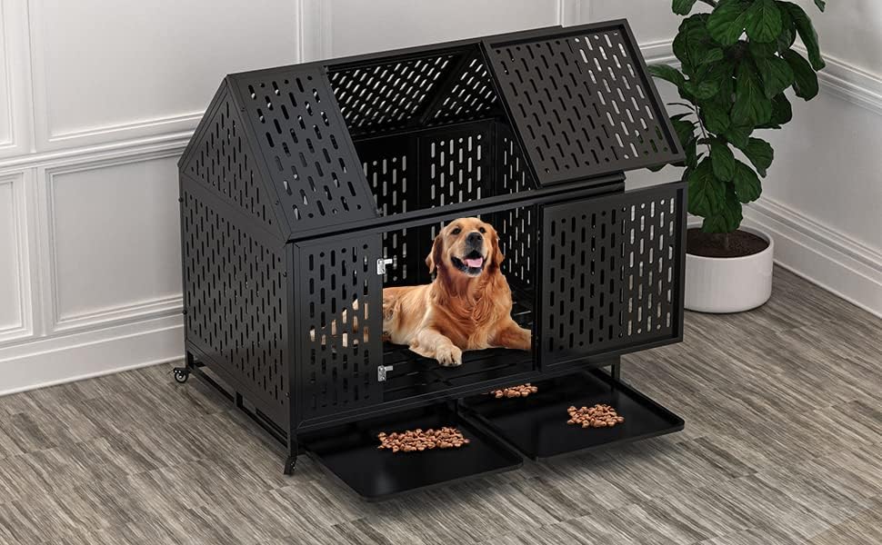 Snimoy Heavy Duty Dog Crate Dog Cage, 45 Indestructible Metal Dog Kennel Lockable for Medium Large Dogs with Sturdy Door Lock and Removable Trays, Roof Top Access