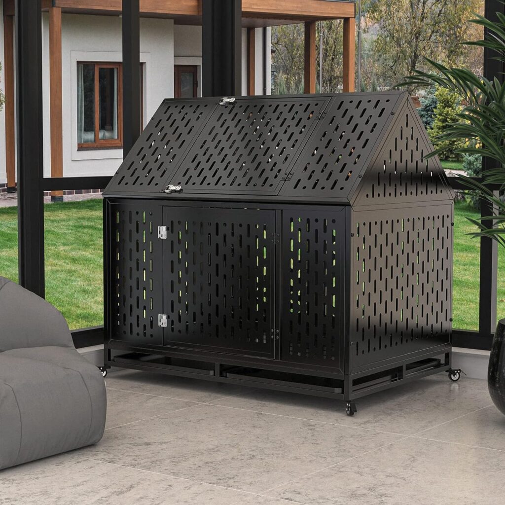 Snimoy Heavy Duty Dog Crate Dog Cage, 45 Indestructible Metal Dog Kennel Lockable for Medium Large Dogs with Sturdy Door Lock and Removable Trays, Roof Top Access