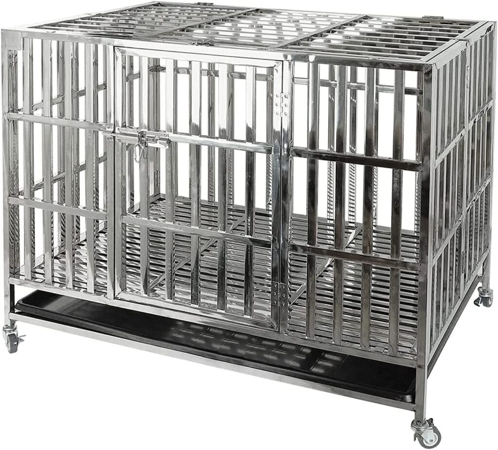 Confote 42 Heavy Duty Stainless Steel Dog Cage Kennel Crate and Playpen for Training Large Dog Indoor Outdoor with Double Doors Locks Design Included Lockable Wheels Removable Tray No Screw Confote 42 Heavy Duty Stainless Steel Dog Cage Kennel Crate and Playpen for Training Large Dog Indoor Outdoor with Double Doors Locks Design Included Lockable Wheels Removable Tray No Screw