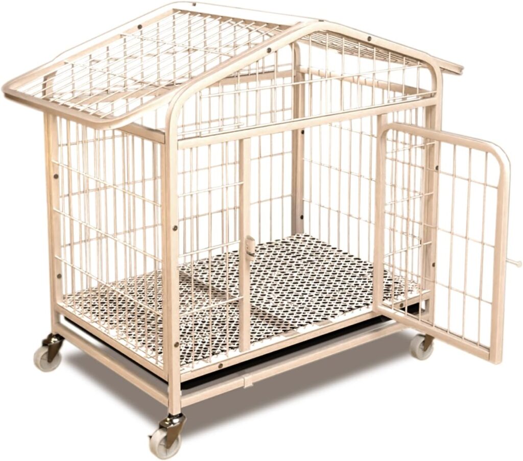 Metal Heavy Dog Crates with Roof, Animal Cat Cages 31 Inch Height, Cat Cages for Large/Medium/Small Puppy with Four Universal Wheels, Great for Indoor or Outdoor Use(White)