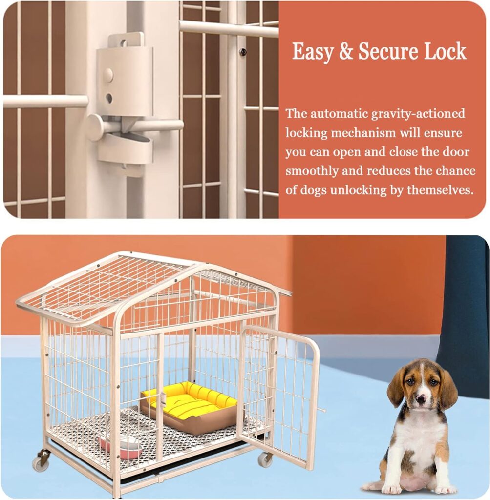 Metal Heavy Dog Crates with Roof, Animal Cat Cages 31 Inch Height, Cat Cages for Large/Medium/Small Puppy with Four Universal Wheels, Great for Indoor or Outdoor Use(White)