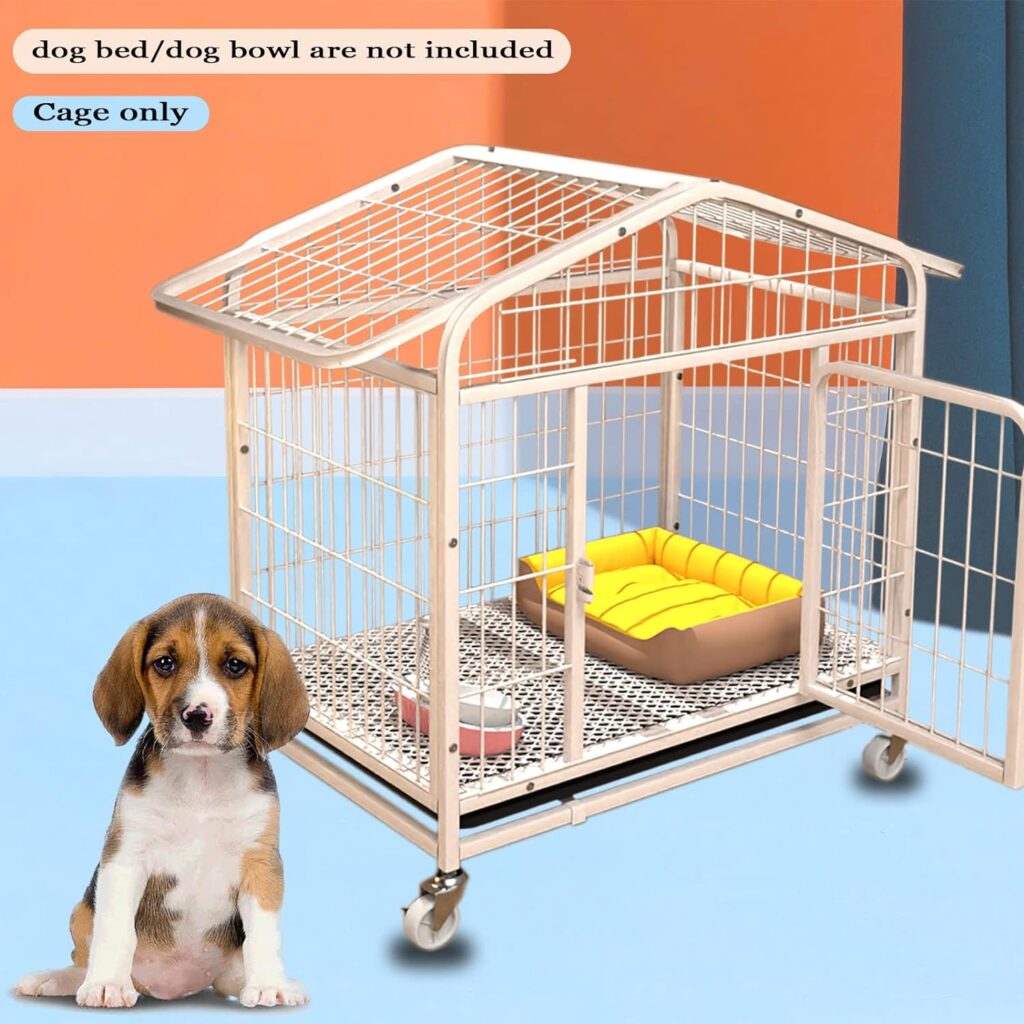 Metal Heavy Dog Crates with Roof, Animal Cat Cages 31 Inch Height, Cat Cages for Large/Medium/Small Puppy with Four Universal Wheels, Great for Indoor or Outdoor Use(White)