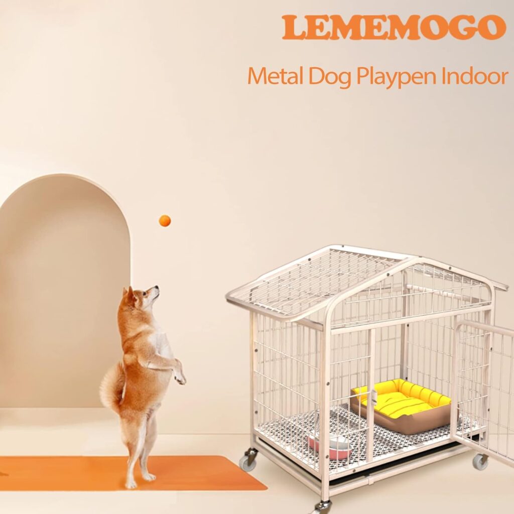 Metal Heavy Dog Crates with Roof, Animal Cat Cages 31 Inch Height, Cat Cages for Large/Medium/Small Puppy with Four Universal Wheels, Great for Indoor or Outdoor Use(White)